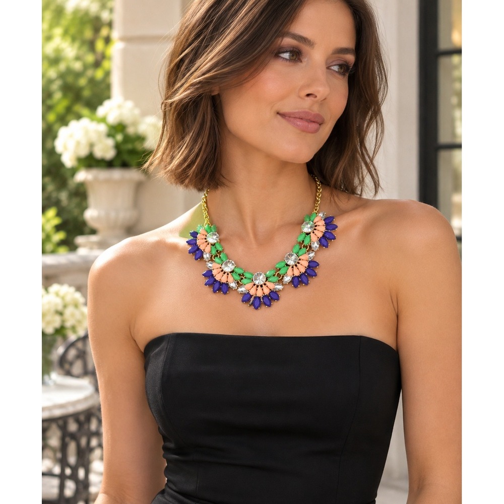 J.Crew Multicolor Floral Rhinestone Gold Tone Bib Statement Necklace